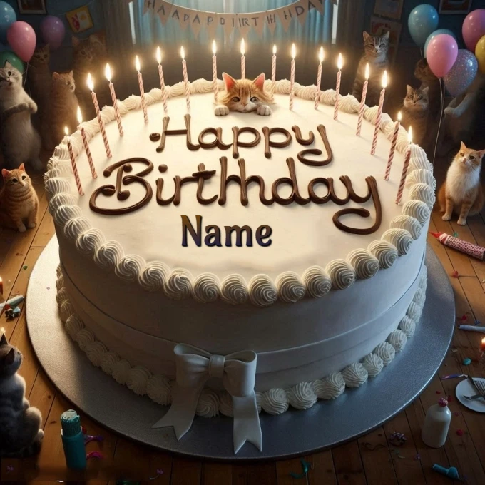 Personalize a Birthday Cake Image with Your Name and Festive Cats
