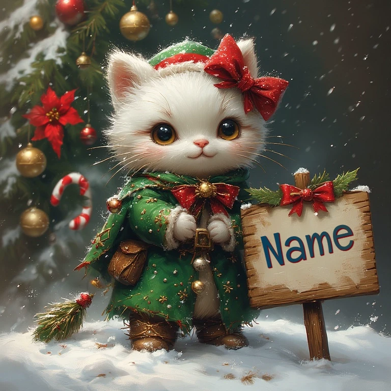 Add Your Name to a Cute Kitten Elf in a Festive Wonderland