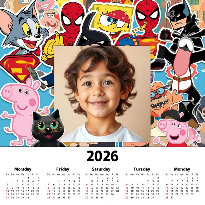 Personalize Photos with Cartoon Characters and 2026 Calendar Frame