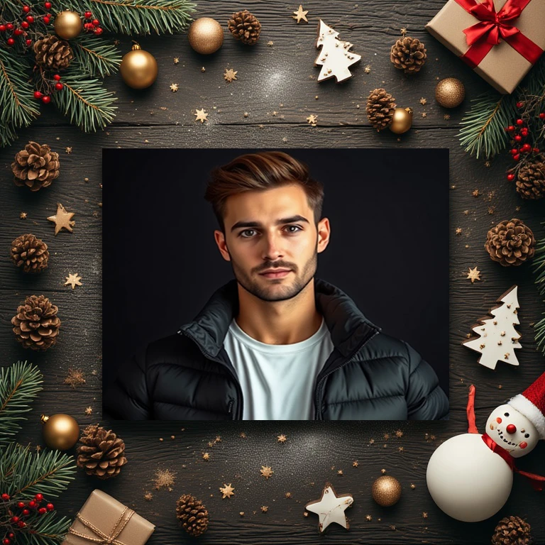 Cozy New Year's Photo Frame with Dark Wood and Ornaments